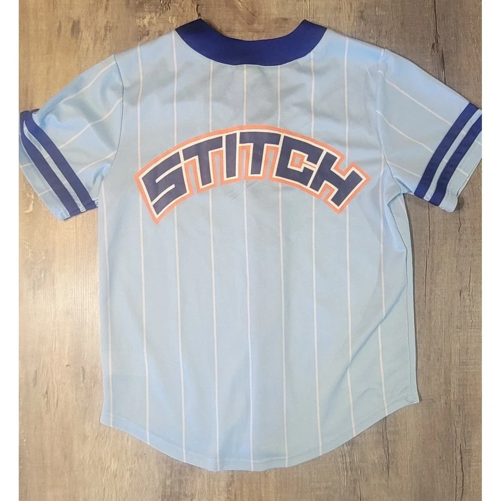 Disney Stitch‎ #626 Adult Small Baseball Jersey Blue Pinstripe Button Up